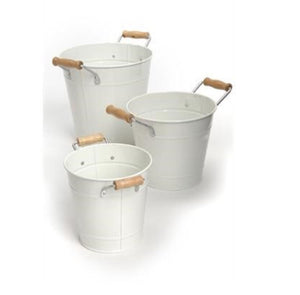 S/3 White Buckets w Wood Handle