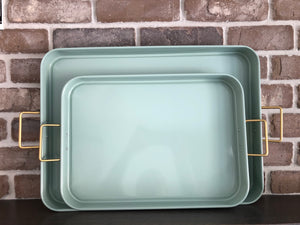 Green Enamel Tray w Gold Handles-2 sizes